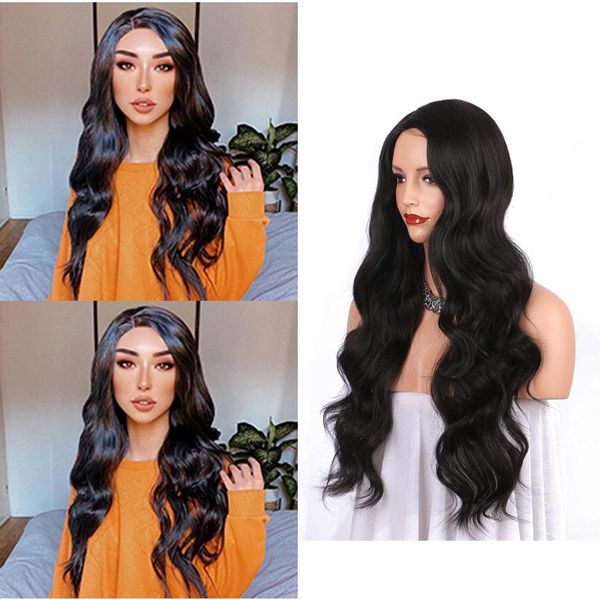 

synthetic wigs dark brown for women natural wavy right side parting none lace heat resistant replacement wig full machine made, Black