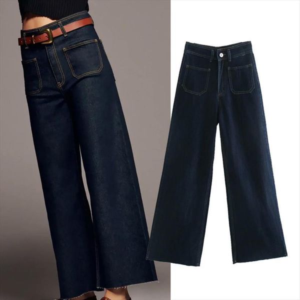 

za spring autumn long womens capris jeans cotton high waist straight solid color casual trousers streetwear, Black;white