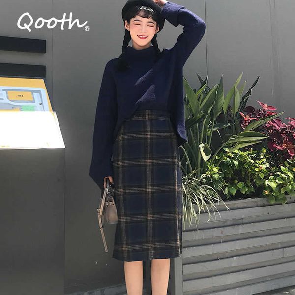 

qooth autumn winter elegant female a line office skirts empire waist woolen plaid women knee length plus size 2xl qt087 210609, Black