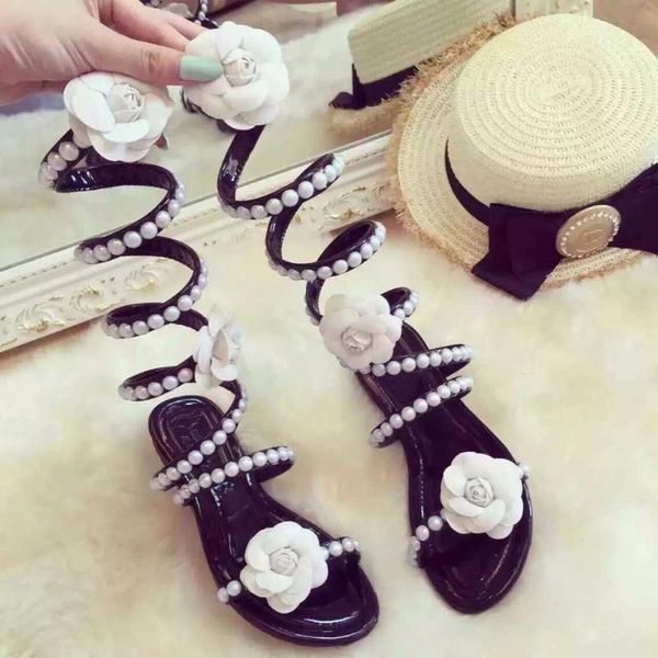 

sandals women summer shoes flat wedge high heels snake strap open toe pearl flowers gladiator sexy, Black