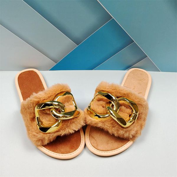 

sandals designers flat shoes women fur plush slippers for zapatillas mujer light metal buckle female footwear bedroom winter, Black