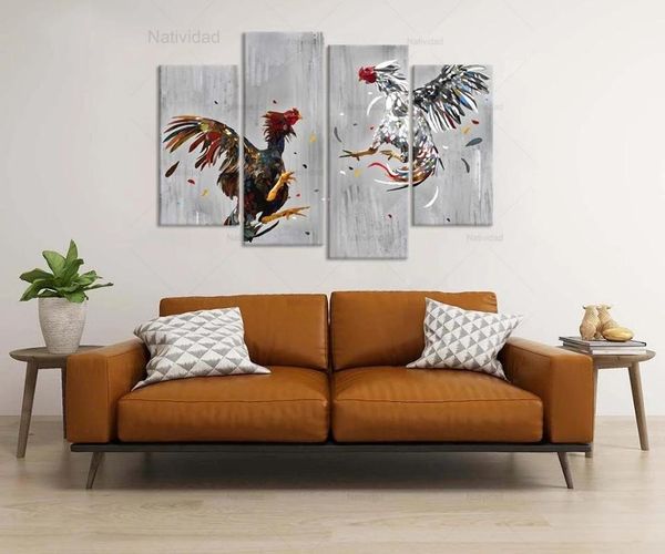 

paintings 4 pieces canvas cock fighting wall art print pictures rooster rustic chicken posters and prints living room decor no frame