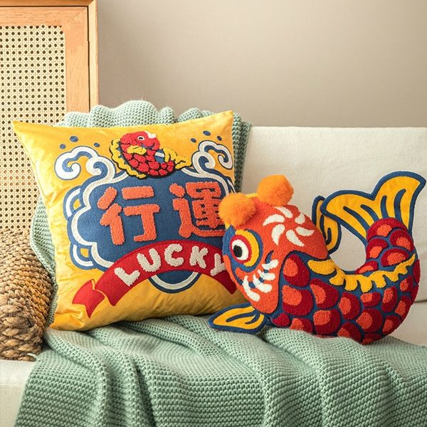DunxDeco Yastık Örtüsü Dekoratif Yastık Sevinç Çin Geleneksel Şanslı Balık Nakış Yastık Kapak Kanepe Sandalye Yatak Koussin 210317