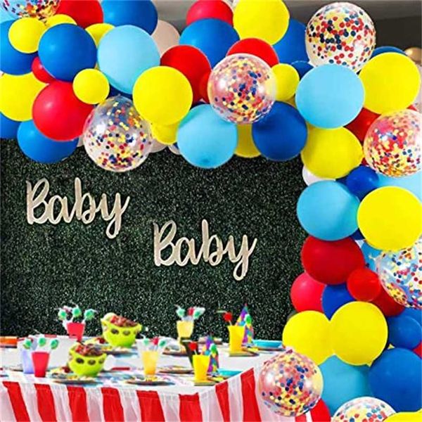 104 pçs / lote Circus balões Garland vermelho amarelo azul confete balão arco para carnaval bebê festa de aniversário decoração 211216