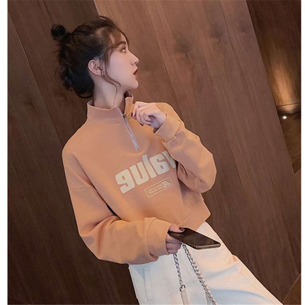 

new stand collar short sweater women's spring and autumn thin loose no hat 2021 high waist long sleeve top, Black