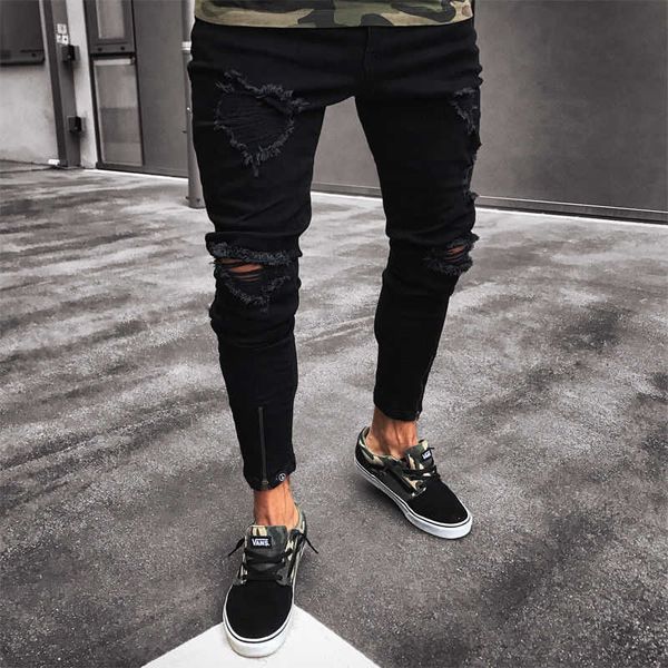 

mens cool designer brand black jeans skinny ripped destroyed stretch slim fit hop pants with holes for men 210922, Blue