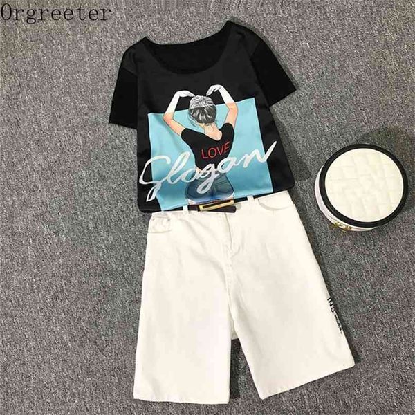 

complete woman two-piece shorts sets summer girl pattern appliques satin tshirt and half pants outfits with belt 210602, White