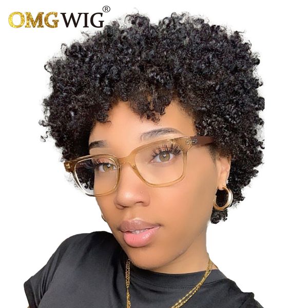 

Brazilian Human Hair with Bangs Afro Kinky Curly Remy short Bob e cut Wigs For Black Women