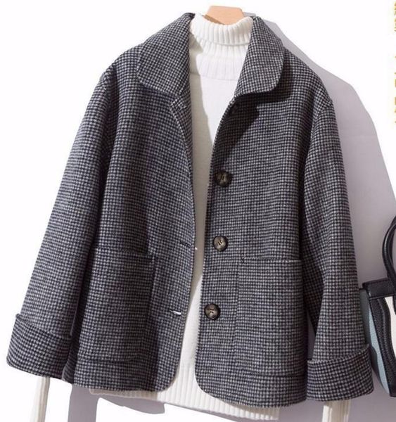 

women's wool & blends woman short solid woolen coat plaid fashion autumn jacket, Black