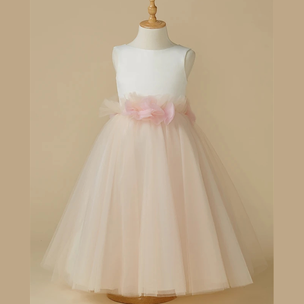 

girl's dresses a-line tea length flower girl pageant satin sleeveless jewel neck with bow(s), Red;yellow