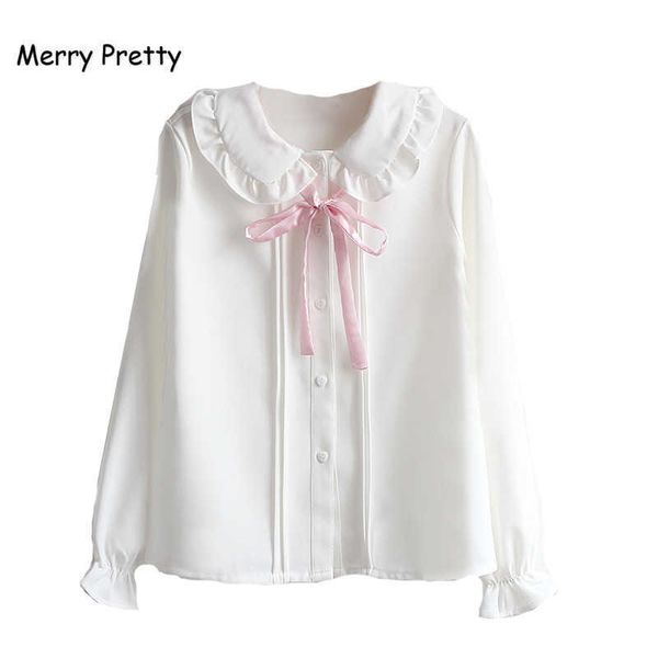 Alegre mulheres bonitas blusas meninas outono de manga longa Peter pan colar rosa bowknot branco chiffon blusa camisa uniforme escola top 210708