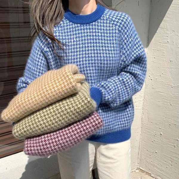 

women's sweaters korean style cashmere houndstooth sweater for women winter fashion casual loose color plaid short pullover knitted top, White;black