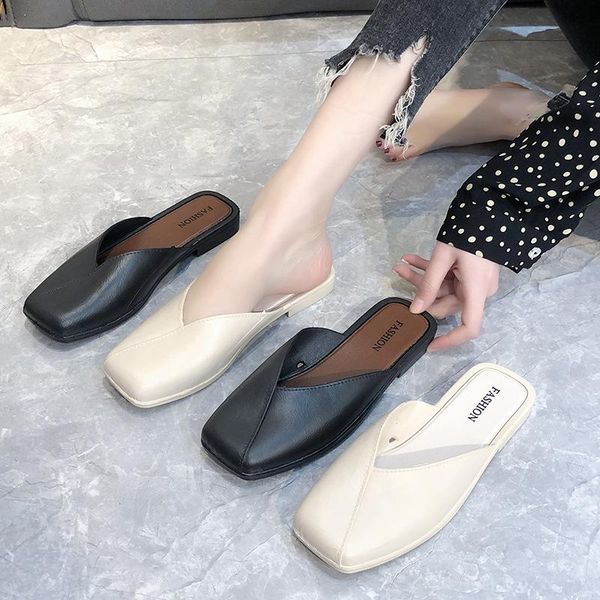 

slippers close square toe for women mules beach shoes pvc plastic woman summer sandals 2021 casual slip on ladies flats, Black