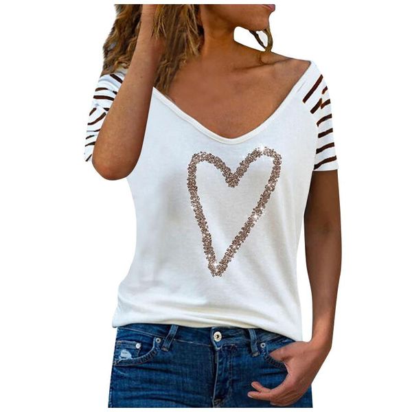 

women's t-shirt short summer t shirt women fashion heart graphics printed v neck stripe loose for patchwork camisetas mujer manga cort, White