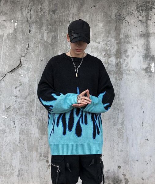 

men's sweaters hip hop sweater pullover men women blue pink fire flame knitted oversized harajuku streetwear casual couple, White;black