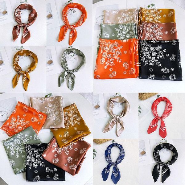 

scarves 70*70cm women's silk satin head square scarf cashew flower print small female headband hair tie band, Blue;gray