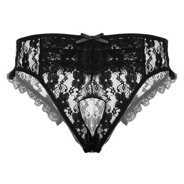 

mens sissy briefs sheer floral lace lingerie low rise nightwear back with hole crotchless g-string underwear for couple