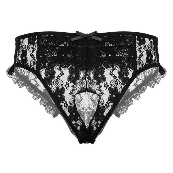 

mens sissy briefs sheer floral lace lingerie low rise nightwear back with hole crotchless g-string underwear for couple