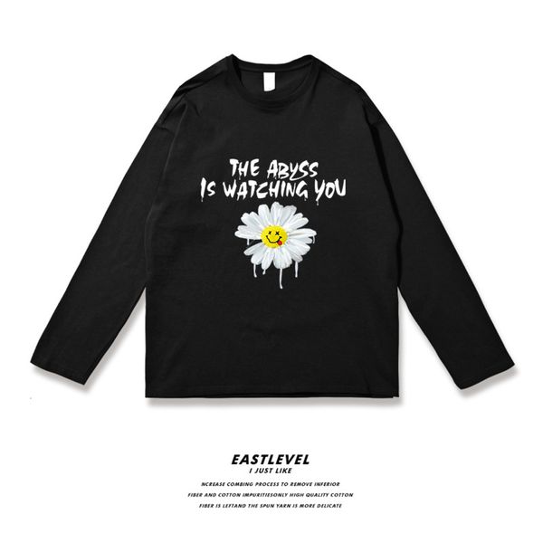 

spring insersize daisy smile face print loose cotton street long sleeve t-shirt for couples, White;black
