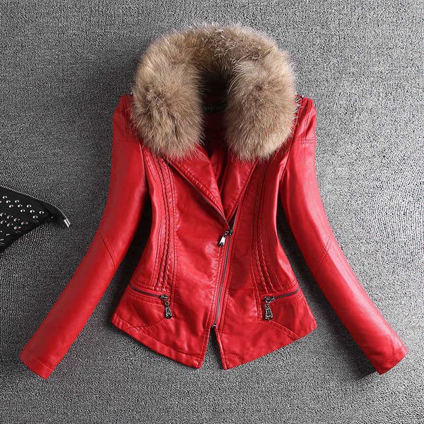 

women winter warm faux leather jackets with fur collar lady white black pink wine red motorcycle biker outerwear coats 210601
