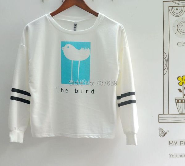 

women's t-shirt spring women o-neck contrast color cartoon bird letter pattern print cotton long sleeve short paragraph tees, White