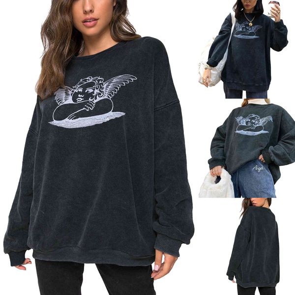 

women's hoodies & sweatshirts female fashions hirigin releases casual sweater angel print long sleeve around the warm neck high-street, Black