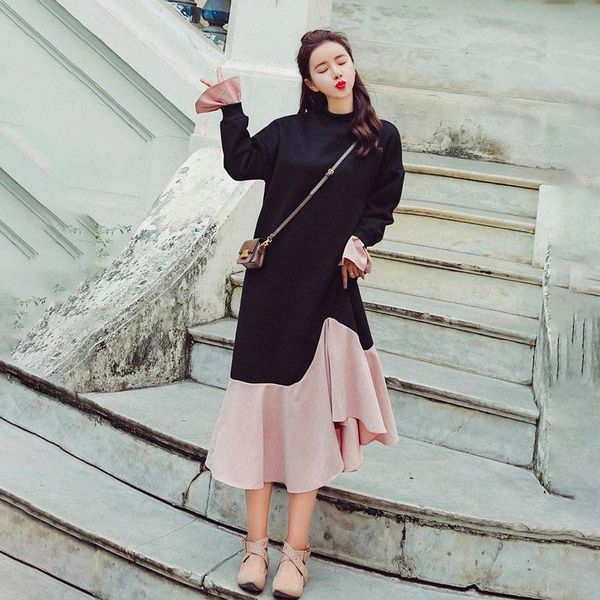 

casual dresses [ewq] 2021 autumn winter female loose round neck patchwork long sleeve minimalist ruffles trumpet sweater dress, Black;gray