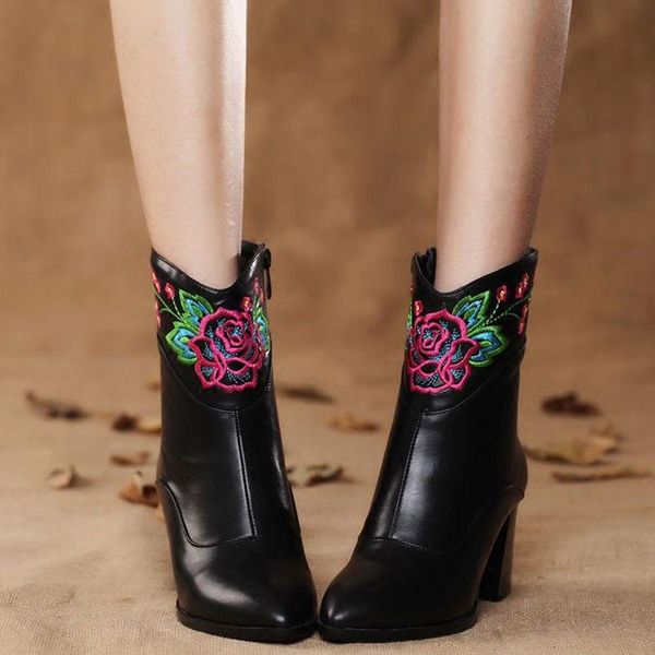 

dress shoes national fine embroidered bootie women's thick heel 2021 autumn and winter pointy high plus velvet boots., Black
