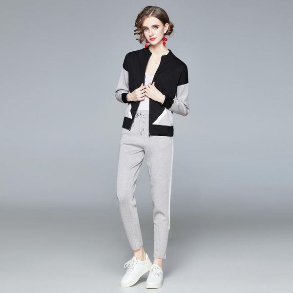 

women's tracksuits europe station 2 piece sets womens outfits spring autumn knitted tracksuit wholesale clothing sweater knit set, Gray