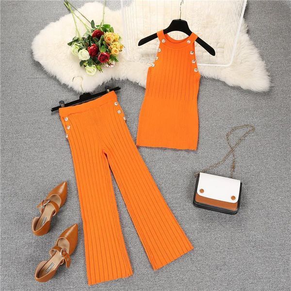 

women knitting buttons vest+mid-calf pants 2pcs clothing sets knit button tank pant suits, Gray