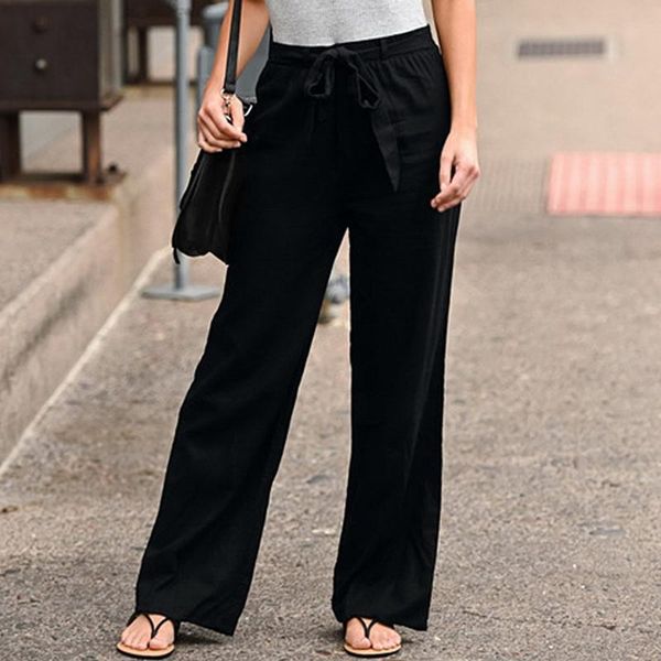 

women's pants & capris women wide leg casual solid color elastic waist comfort cotton belt lace-up loose straight ankle-length, Black;white