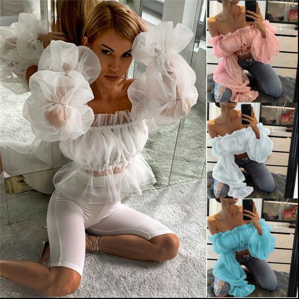 

women 2021 off shoulder ruffles mesh sheer crop shirt short blouse lace elegant ruffles blouse 2021, Gray