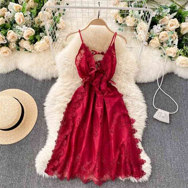 Frauen Mode Spitze Mesh Ausschnitt Häkeln Stickerei Kleid V-ausschnitt Schlanke Ärmellose Einfarbig Kleidung Vestidos R181 210527