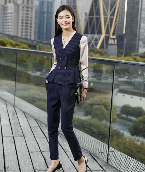 

women's suits & blazers formal uniform designs pantsuits 2021 fall autumn fashion striped with pants and waistcoat vest coat women, White;black