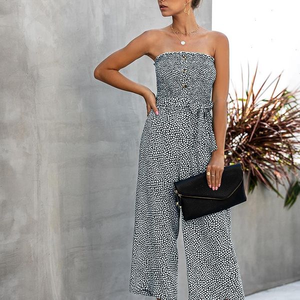 

2021 new women jumpsuit romper ladies off the shoulder casual playsuit overalls female wide leg polka dot blue red jumpsuit d30, Black;white