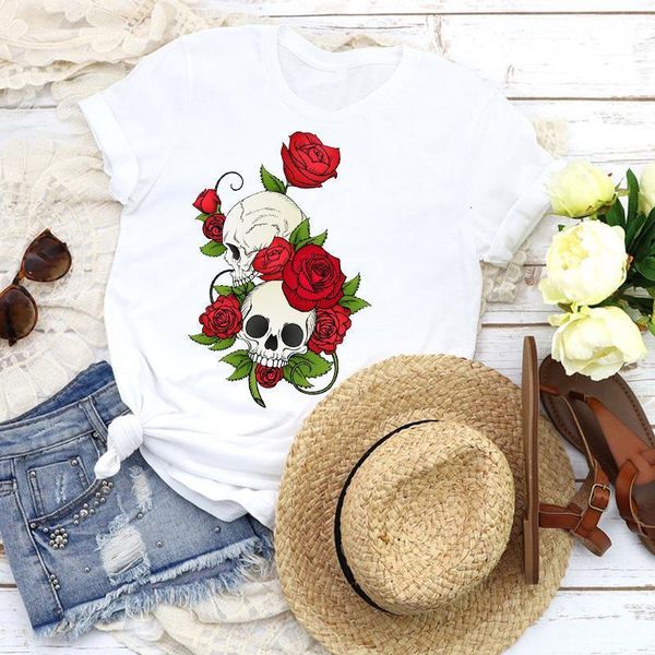 

women graphic skull flower short sleeve cartoon 90s girl lady tees print t shirt clothing female shirt womens t-shirt, White