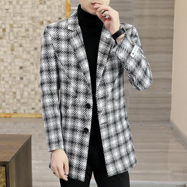 

men's wool & blends 2021 winter plaid woolen trench coat men long slim casual business windbreaker jacket social streetwear overcoat cl, Black
