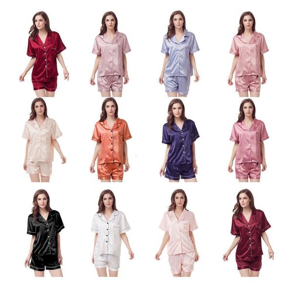 

matte satin pajamas set simple pure color leisure nightwear short sleeves sle women pajamas set silk pajama g9000b, Black;red