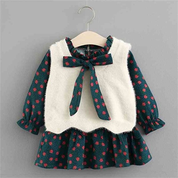 Baby Kleid Set Frühling Säuglingskleidung Nette Kinder Kind Prinzessin Bowknot Flora Kleid + Pelzweste Anzüge Für Mädchen 0-4 Jahre 210625