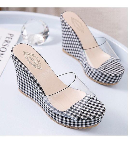 

new summer women's slippers fashion plaid cloth wear-resistant square head wedge heel thick bottom waterproof platform sandals, Black