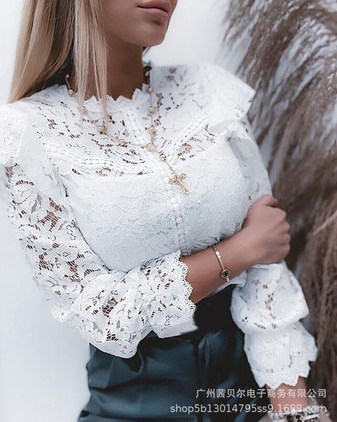 

women's t-shirt 2021 summer white ruffled lace long-sleeved shirt