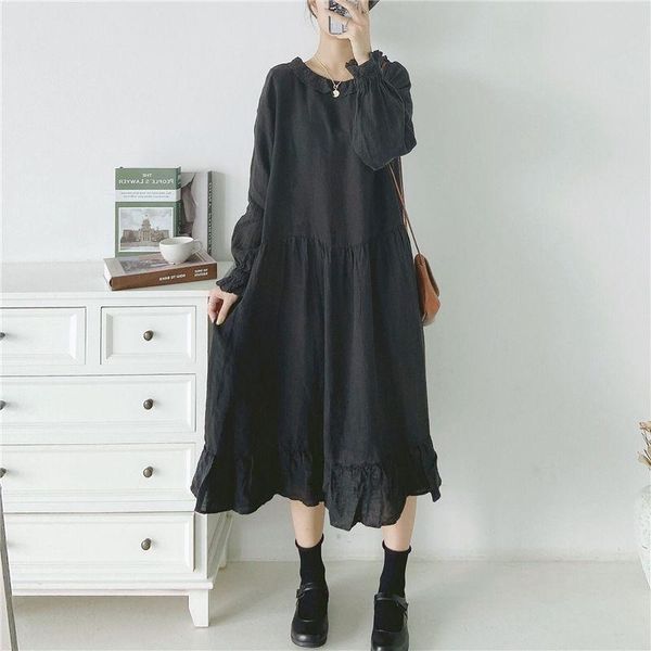 

casual dresses fairynatural 2021 ladies japanese spring fall turn down collar pockets women ruffles linen retro loose dress, Black;gray