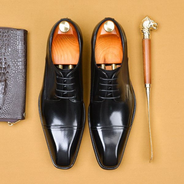 

fashion genuine leather oxford dress shoes for men italian lace up business wedding party social shoes for suit a58, Black