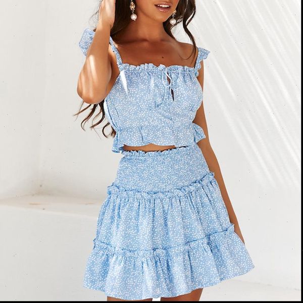 

two piece set and skirt women polka dot mini ruffle dress summer dresses fashion casual holiday beach short dress, Gray