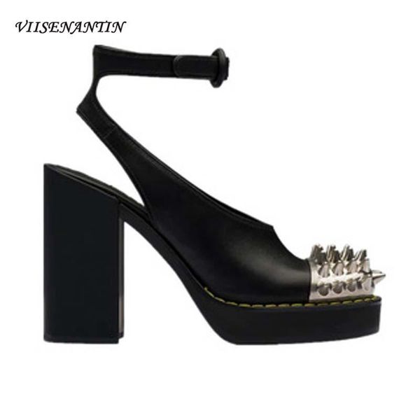 

dress shoes thick-heeled cowhide iron-head rivet platform high-heeled women's sandals with square toe and metal buckle fashion, Black