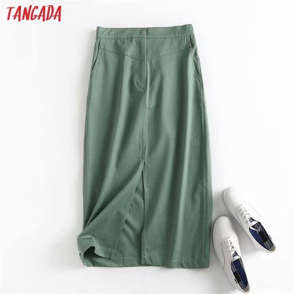 

tangada women green cotton midi skirt faldas mujer vintage zipper office ladies elegant chic mid calf skirts 4c99 210629, Black