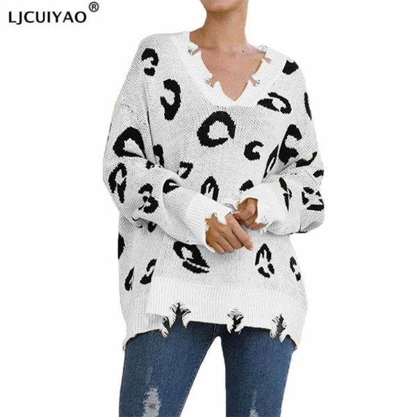 

women's sweaters ljcuiyao woman sweater loose v-neck green white knitter black khaki fashion leopard print hole winter clothes plus, White;black