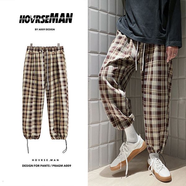 

2021 new spring summer plaid men's fashion retro casual men streetwear korean straight wide leg pants mens trousers m-5xl pbl3, Black