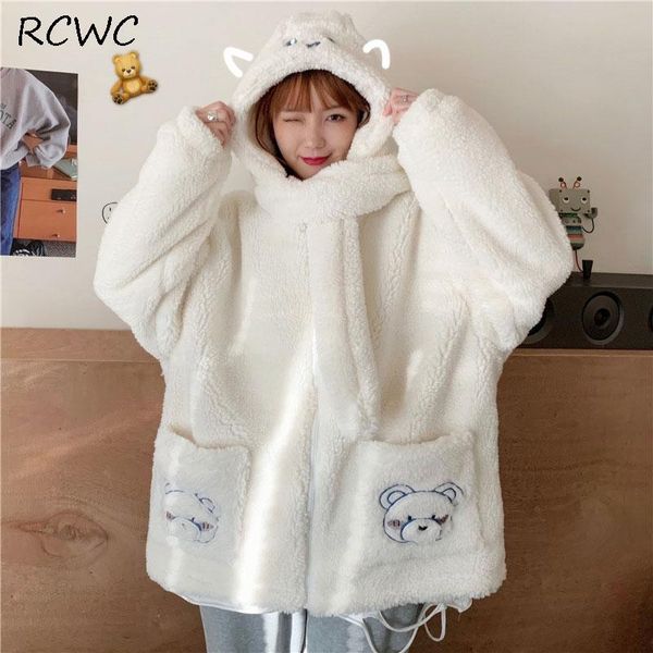 

women's jackets rcwc jacket autumn winter japanese style cute bear imitation lamb plush ear hooded scarf cardigan, Black;brown