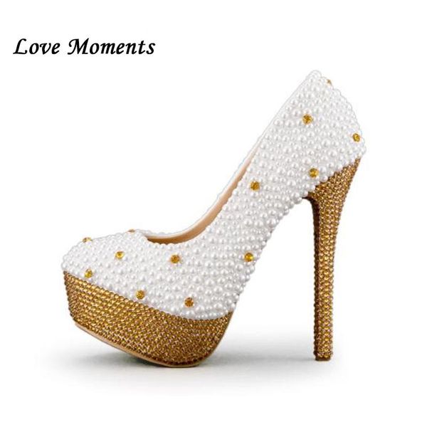 

dress shoes love moments white pearl gold rhinestone wedding high woman round toe platform plus women's party, Black